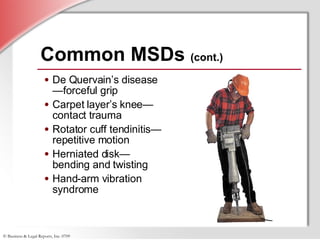 Common MSDs  (cont.) De Quervain’s disease—forceful grip Carpet layer’s knee—contact trauma Rotator cuff tendinitis— repetitive motion Herniated disk— bending and twisting Hand-arm vibration syndrome 