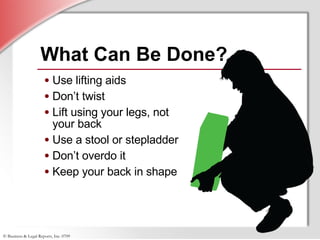 What Can Be Done? Use lifting aids Don’t twist Lift using your legs, not your back Use a stool or stepladder Don’t overdo it Keep your back in shape 