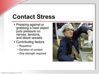 Contact Stress Pressing against or grabbing a hard object puts pressure on nerves, tendons,  and blood vessels Contributing factors Repetition Duration of contact Grip strength required 