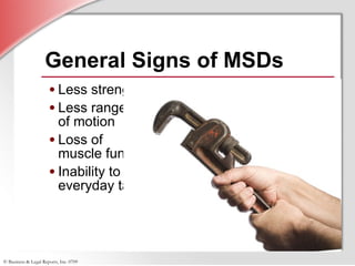 General Signs of MSDs Less strength for gripping Less range  of motion Loss of  muscle function Inability to do  everyday tasks 
