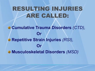 RESULTING INJURIES
ARE CALLED:
Cumulative Trauma Disorders (CTD),
Or
Repetitive Strain Injuries (RSI),
Or
Musculoskeletal Disorders (MSD)
 