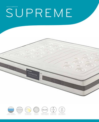 NUCLIS COMPOSTOS SUPREME 
24 
ALÇADA TOTAL 
ALTURA TOTAL 
NANSES LATERALS 
ASAS LATERALES 
ANYS GARANTIA 
AÑOS GARANTÍA 
STRECH VISCOELÁSTICA 
VISCOELÀSTICA 
NUCLI COMPOST 
NÚCLEO COMPUESTO 
TEIXIT 3D 
TEJIDO 3D 
 