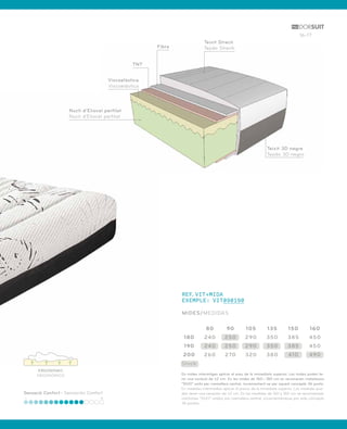 16-17 
ERGONÒMIC 
ERGONÓMICO 
Sensació Confort - Sensación Confort 
Teixit Strech 
Tejido Strech 
REF.VIT+MIDA 
EXEMPLE: VIT090190 
MIDES/MEDIDAS 
Teixit 3D negre 
Tejido 3D negro 
80 90 105 135 150 160 
180 240 250 290 350 385 450 
190 240 250 290 350 385 450 
200 260 270 320 380 410 490 
Stock 
En mides intermitges aplicar el preu de la immediata superior. Les mides poden te-nir 
una variació de ±2 cm. En les mides de 160 i 180 cm es recomanen matalassos 
“DUO” units per cremallera central, incrementant-se per aquest concepte 36 punts. 
En medidas intermedias aplicar el precio de la inmediata superior. Las medidas pue-den 
tener una variación de ±2 cm. En las medidas de 160 y 180 cm se recomiendan 
colchones “DUO” unidos por cremallera central, incrementándose por este concepto 
36 puntos. 
Viscoelàstica 
Viscoelástica 
Nucli d’Eliocel perfilat 
Nucli d’Eliocel perfilat 
Fibra 
TNT 
 
