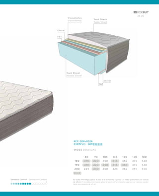 24-25 
Teixit Strech 
Tejido Strech 
REF.GOM+MIDA 
EXEMPLE: GOM090190 
MIDES /MEDIDAS 
Eliocel 
80 90 105 135 150 160 180 
180 215 220 250 315 350 370 420 
190 215 220 250 315 350 370 420 
200 225 230 260 325 360 390 450 
Stock 
Sensació Confort - Sensación Confort En mides intermitges aplicar el preu de la immediata superior. Les mides poden tenir una variació 
de ±2 cm. En medidas intermedias aplicar el precio de la inmediata superior. Las medidas pueden 
tener una variación de ±2 cm. 
Eliocel 
TNT 
Viscoelàstica 
Viscoelástica 
TNT 
Nucli Eliocel 
Núcleo Eliocel 
 