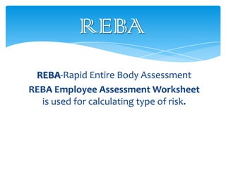 REBA
REBA-Rapid Entire Body Assessment
REBA Employee Assessment Worksheet
is used for calculating type of risk.

 