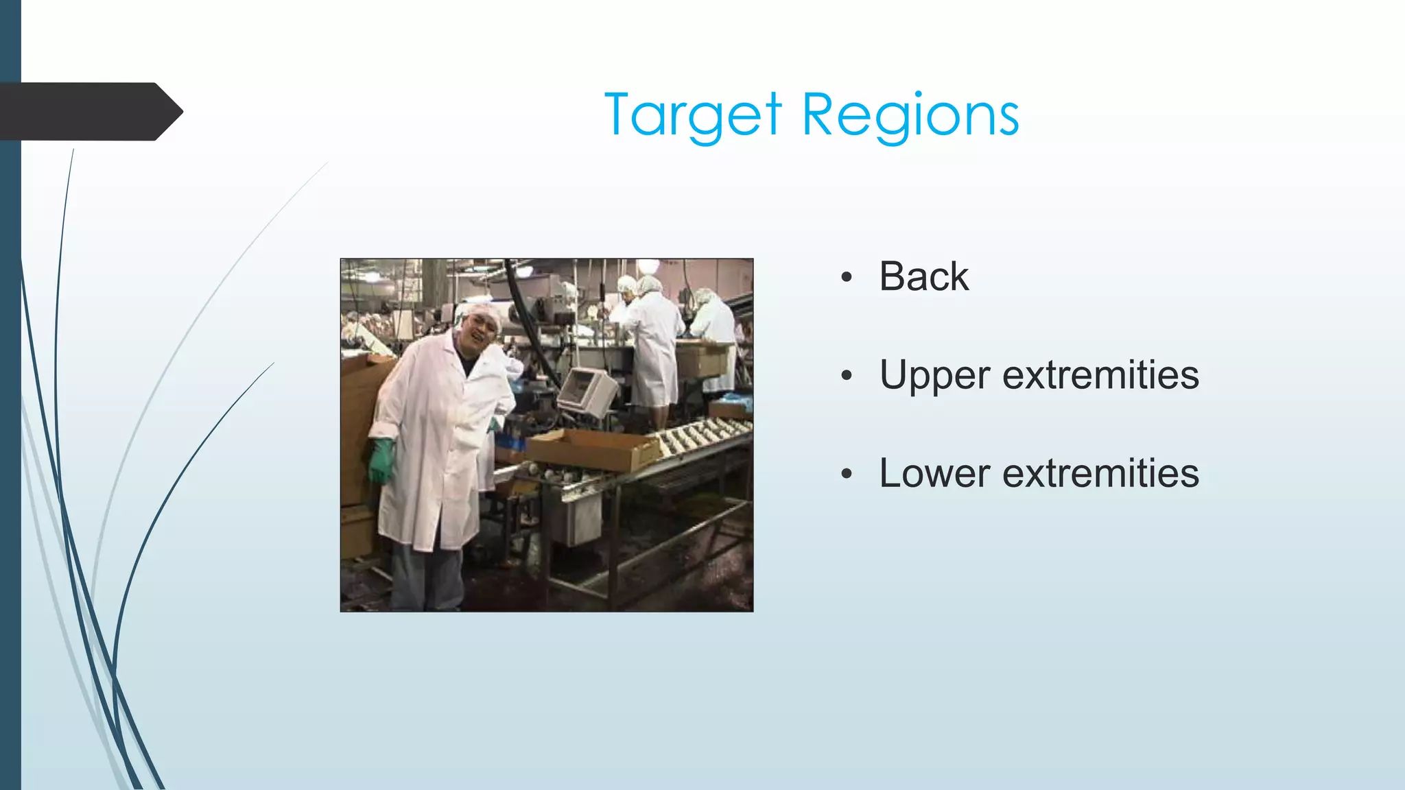 Target Regions 
• Back 
• Upper extremities 
• Lower extremities 
 