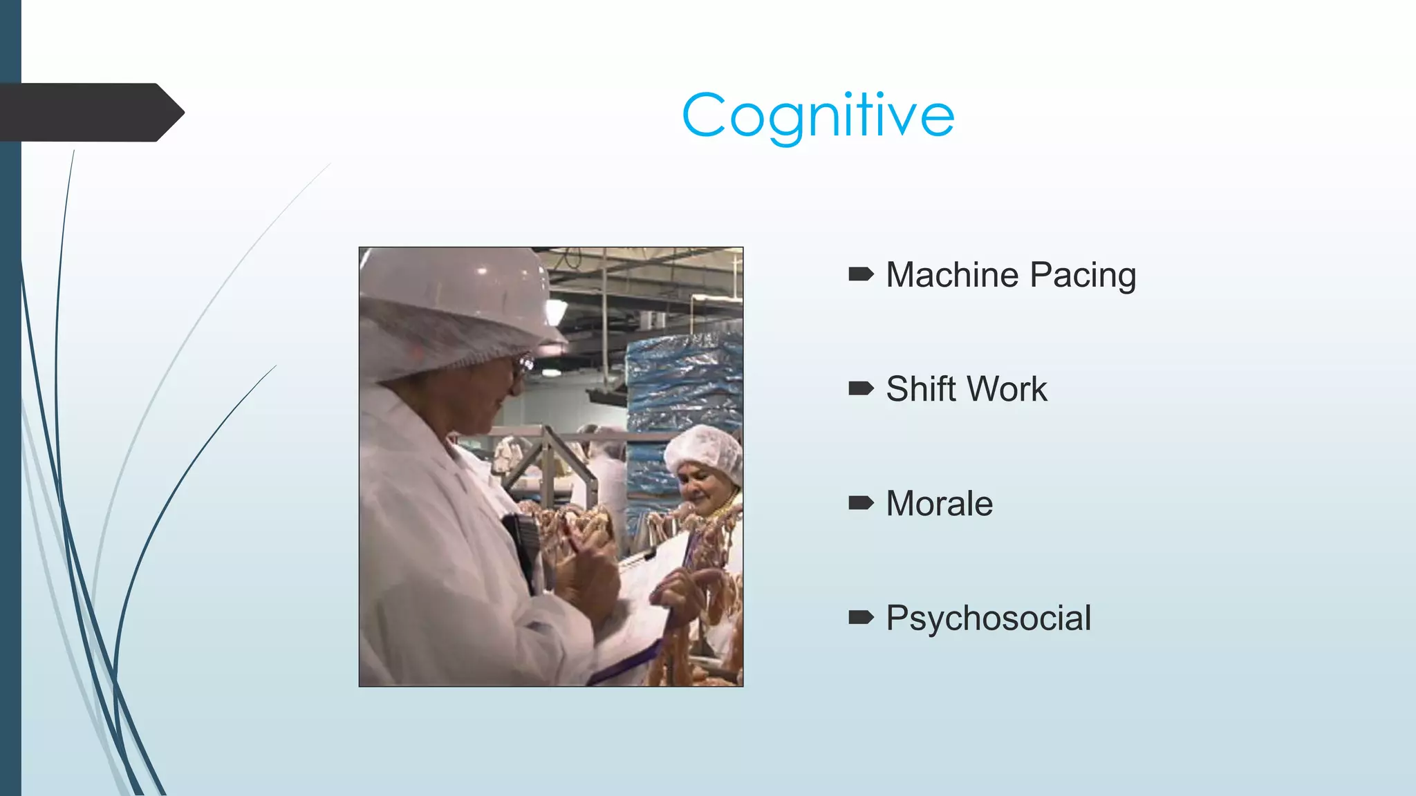 Cognitive 
 Machine Pacing 
 Shift Work 
 Morale 
 Psychosocial 
 