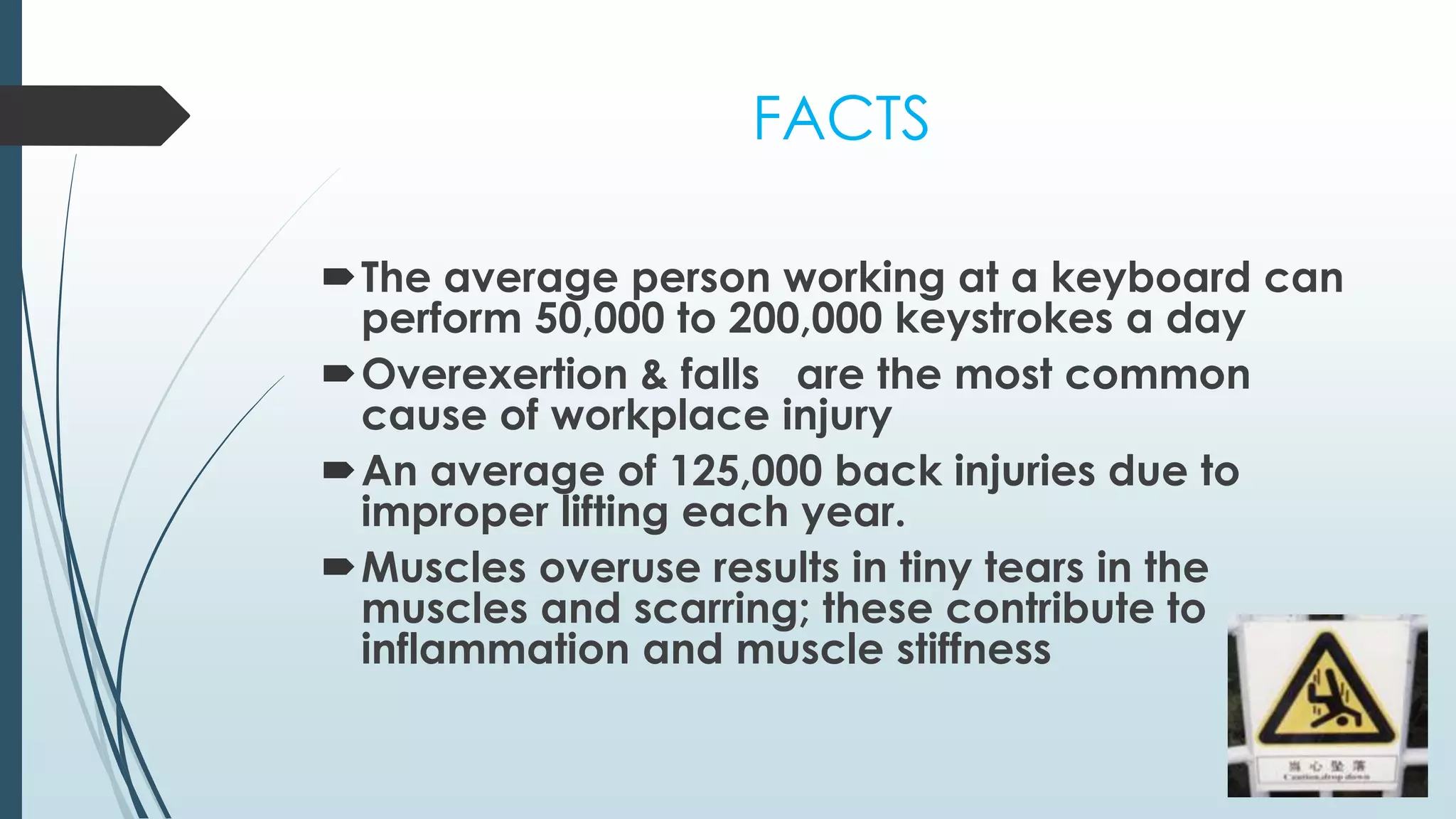 FACTS 
The average person working at a keyboard can 
perform 50,000 to 200,000 keystrokes a day 
Overexertion & falls are the most common 
cause of workplace injury 
An average of 125,000 back injuries due to 
improper lifting each year. 
Muscles overuse results in tiny tears in the 
muscles and scarring; these contribute to 
inflammation and muscle stiffness 
 