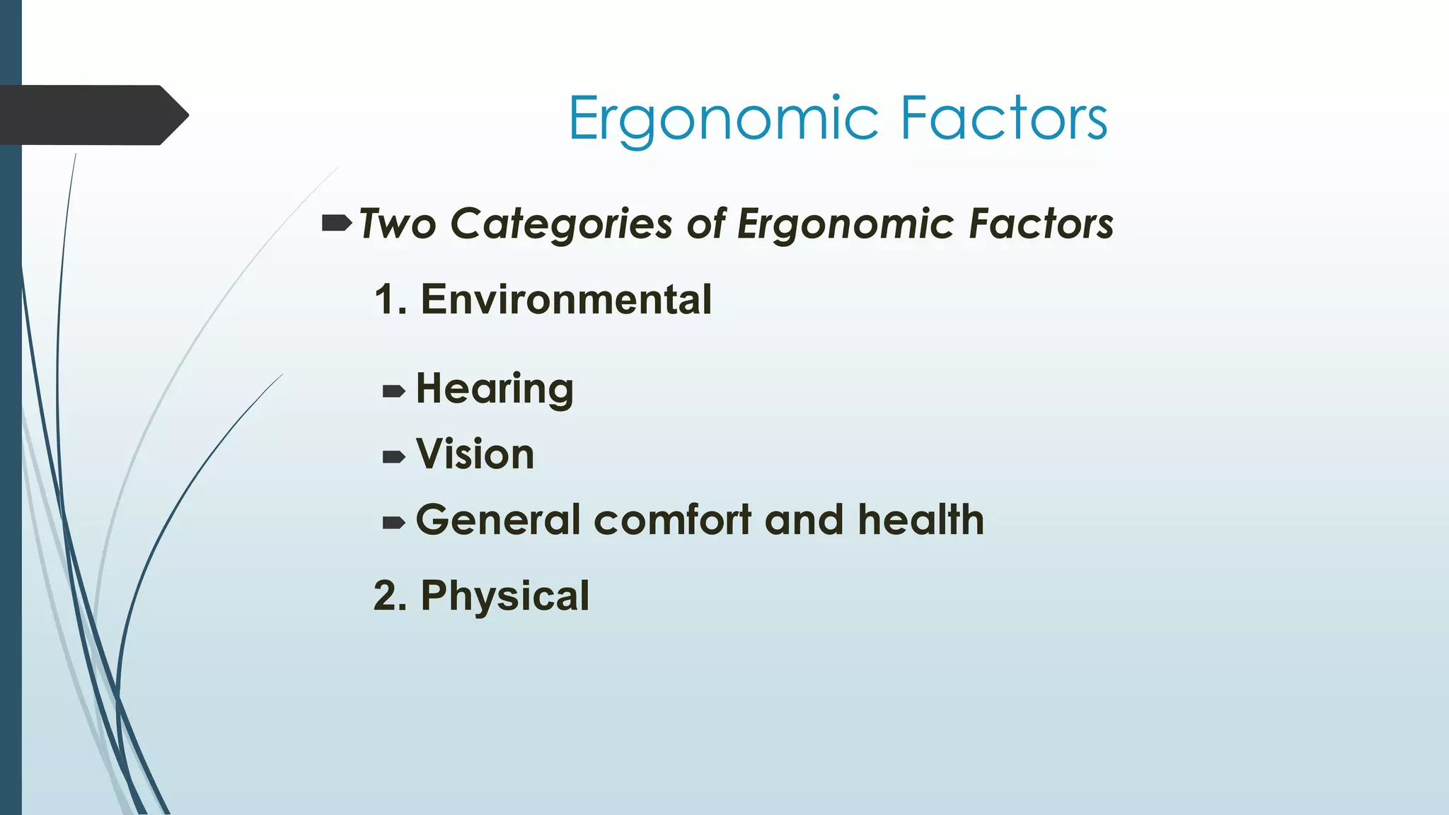 Ergonomic Factors 
Two Categories of Ergonomic Factors 
1. Environmental 
 Hearing 
 Vision 
General comfort and health 
2. Physical 
 