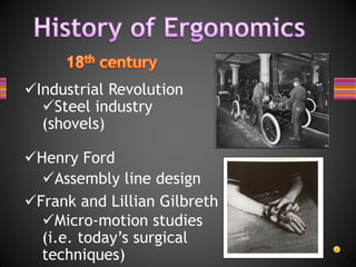 Industrial Revolution
Steel industry
(shovels)
Henry Ford
Assembly line design
Frank and Lillian Gilbreth
Micro-motion studies
(i.e. today’s surgical
techniques)
 