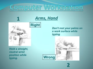 Arms, Hand
Hold a straight,
neutral wrist
position while
typing.
Don't rest your palms on
a work surface while
typing
Wron...