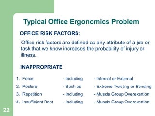 22
INAPPROPRIATE
OFFICE RISK FACTORS:
Office risk factors are defined as any attribute of a job or
task that we know increases the probability of injury or
illness.
1. Force - Including - Internal or External
2. Posture - Such as - Extreme Twisting or Bending
3. Repetition - Including - Muscle Group Overexertion
4. Insufficient Rest - Including - Muscle Group Overexertion
TYPICAL OFFICE ERGONOMIC PROBLEMS
Typical Office Ergonomics Problem
 