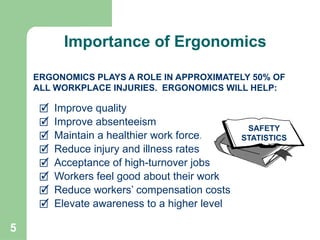 5
🗹 Improve quality
🗹 Improve absenteeism
🗹 Maintain a healthier work force.
🗹 Reduce injury and illness rates
🗹 Acceptance of high-turnover jobs
🗹 Workers feel good about their work
🗹 Reduce workers’ compensation costs
🗹 Elevate awareness to a higher level
ERGONOMICS PLAYS A ROLE IN APPROXIMATELY 50% OF
ALL WORKPLACE INJURIES. ERGONOMICS WILL HELP:
SAFETY
STATISTICS
Importance of Ergonomics
 
