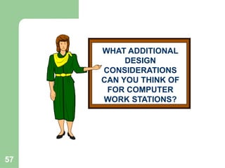 57
WHAT ADDITIONAL
DESIGN
CONSIDERATIONS
CAN YOU THINK OF
FOR COMPUTER
WORK STATIONS?
 