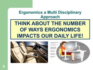 6
THINK ABOUT THE NUMBER
OF WAYS ERGONOMICS
IMPACTS OUR DAILY LIFE!
Ergonomics a Multi Disciplinary
Approach
 