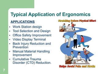 7
• Work Station design
• Tool Selection and Design
• Office Safety Improvement
• Video Display Terminal
• Back Injury Reduction and
Prevention
• Manual Material Handling
Improvement
• Cumulative Trauma
Disorder (CTD) Reduction.
APPLICATIONS
Typical Application of Ergonomics
 