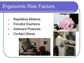 Ergonomic Risk Factors Repetitive Motions  Forceful Exertions Awkward Postures Contact Stress 