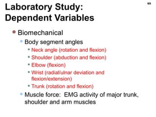 Laboratory Study:
Dependent Variables
Biomechanical
Body segment angles
 Neck angle (rotation and flexion)
 Shoulder (abduction and flexion)
 Elbow (flexion)
 Wrist (radial/ulnar deviation and
flexion/extension)
 Trunk (rotation and flexion)
Muscle force: EMG activity of major trunk,
shoulder and arm muscles
65
 