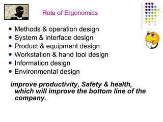 Role of Ergonomics Methods & operation design System & interface design Product & equipment design Workstation & hand tool design Information design Environmental design improve productivity, Safety & health, which will improve the bottom line of the company.  