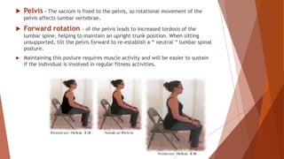  Backward rotation - of the pelvis leads to increased flattening of
the lumbar spine and eventually increases kyphosis. W...