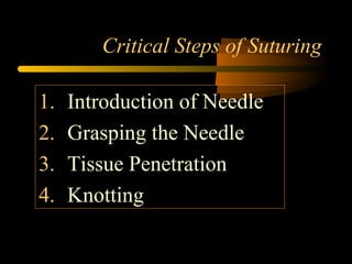 Critical Steps of Suturing
1. Introduction of Needle
2. Grasping the Needle
3. Tissue Penetration
4. Knotting
 