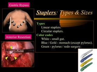 Staplers: Types & Sizes
Gastric Bypass
Anterior Resection
Types
Linear staplers.
Circular staplers.
Color codes
White - small gut.
Blue / Gold - stomach (except pylorus).
Green - pylorus / redo surgery.
 