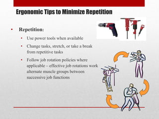Ergonomic Tips to Minimize Repetition
•

Repetition:
• Use power tools when available
• Change tasks, stretch, or take a break
from repetitive tasks
• Follow job rotation policies where
applicable – effective job rotations work
alternate muscle groups between
successive job functions

 