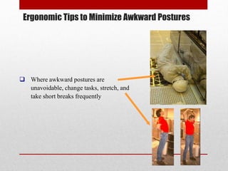 Ergonomic Tips to Minimize Awkward Postures

 Where awkward postures are
unavoidable, change tasks, stretch, and
take short breaks frequently

 