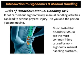 If not carried out ergonomically, manual handling activities
can lead to serious physical injury – to you and the person
you are moving.
Risks of Hazardous Manual Handling Task
Musculoskeletal
disorders (MSDs)
are the most
common injury
caused by non-
ergonomic manual
handling practices.
Introduction to Ergonomics & Manual Handling
 