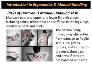 Risks of Hazardous Manual Handling Task
Like back pain and upper and lower limb disorders,
including aches, tenderness and stiffness in the legs, hips,
shoulders, neck and joints.
The person being
moved may also suffer
from damage to fragile
skin, cuts, grazes,
bruises, and injuries to
the neck, shoulders
and arms if they are
not handled with care.
Introduction to Ergonomics & Manual Handling
 
