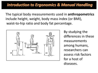 The typical body measurements used in anthropometrics
include height, weight, body mass index (or BMI),
waist-to-hip ratio and body fat percentage.
By studying the
differences in these
measurements
among humans,
researchers can
assess risk factors
for a host of
diseases.
Introduction to Ergonomics & Manual Handling
 