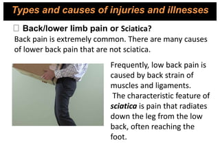 Back/lower limb pain or Sciatica?
Back pain is extremely common. There are many causes
of lower back pain that are not sciatica.
Frequently, low back pain is
caused by back strain of
muscles and ligaments.
The characteristic feature of
sciatica is pain that radiates
down the leg from the low
back, often reaching the
foot.
Types and causes of injuries and illnesses
 
