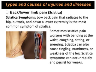 Sciatica Symptoms; Low back pain that radiates to the
hip, buttock, and down a lower extremity is the most
common symptom of sciatica.
Sometimes sciatica pain
worsens with bending at the
waist, coughing, sitting, or
sneezing. Sciatica can also
cause tingling, numbness, or
weakness of the leg. Sciatica
symptoms can occur rapidly
and persist for weeks.
Back/lower limb pain (Sciatica)
Types and causes of injuries and illnesses
 