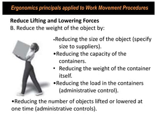 Reduce Lifting and Lowering Forces
B. Reduce the weight of the object by:
•Reducing the size of the object (specify
size to suppliers).
•Reducing the capacity of the
containers.
• Reducing the weight of the container
itself.
•Reducing the load in the containers
(administrative control).
•Reducing the number of objects lifted or lowered at
one time (administrative controls).
Ergonomics principals applied to Work Movement Procedures
 