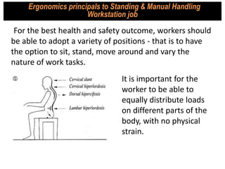 For the best health and safety outcome, workers should
be able to adopt a variety of positions - that is to have
the option to sit, stand, move around and vary the
nature of work tasks.
Ergonomics principals to Standing & Manual Handling
Workstation job
It is important for the
worker to be able to
equally distribute loads
on different parts of the
body, with no physical
strain.
 