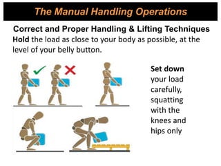 The Manual Handling Operations
Correct and Proper Handling & Lifting Techniques
Hold the load as close to your body as possible, at the
level of your belly button.
Set down
your load
carefully,
squatting
with the
knees and
hips only
 