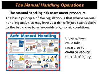 The Manual Handling Operations
The basic principle of the regulation is that where manual
handling activities may involve a risk of injury (particularly
to the back) due to unfavorable ergonomic conditions,
the employer
must take
measures to
avoid or reduce
the risk of injury.
The manual handling risk assessment procedure
 
