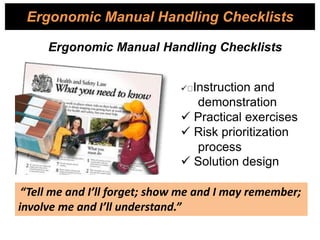 Ergonomic Manual Handling Checklists
 Instruction and
demonstration
 Practical exercises
 Risk prioritization
process
 Solution design
Ergonomic Manual Handling Checklists
“Tell me and I’ll forget; show me and I may remember;
involve me and I’ll understand.”
 