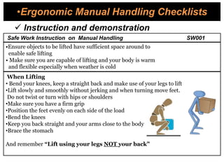 •Ergonomic Manual Handling Checklists
When Lifting
• Bend your knees, keep a straight back and make use of your legs to lift
•Lift slowly and smoothly without jerking and when turning move feet.
Do not twist or turn with hips or shoulders
•Make sure you have a firm grip
•Position the feet evenly on each side of the load
•Bend the knees
•Keep you back straight and your arms close to the body
•Brace the stomach
And remember “Lift using your legs NOT your back”
 Instruction and demonstration
Safe Work Instruction on Manual Handling SW001
•Ensure objects to be lifted have sufficient space around to
enable safe lifting
• Make sure you are capable of lifting and your body is warm
and flexible especially when weather is cold
 