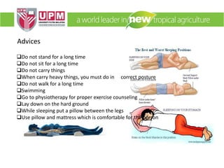 Do not stand for a long time
Do not sit for a long time
Do not carry things
When carry heavy things, you must do in correct posture
Do not walk for a long time
Swimming
Go to physiotherapy for proper exercise counseling
Lay down on the hard ground
While sleeping put a pillow between the legs
Use pillow and mattress which is comfortable for the person
Advices
 