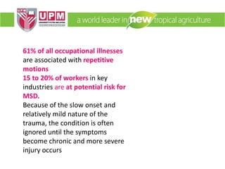 61% of all occupational illnesses
are associated with repetitive
motions
15 to 20% of workers in key
industries are at potential risk for
MSD.
Because of the slow onset and
relatively mild nature of the
trauma, the condition is often
ignored until the symptoms
become chronic and more severe
injury occurs
 
