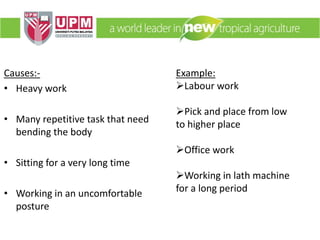 Example:
Labour work
Pick and place from low
to higher place
Office work
Working in lath machine
for a long period
Causes:-
• Heavy work
• Many repetitive task that need
bending the body
• Sitting for a very long time
• Working in an uncomfortable
posture
 