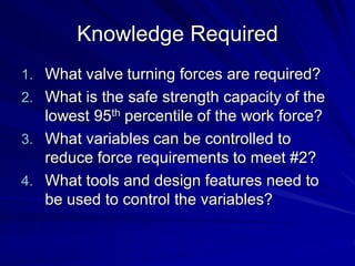 Knowledge Required
1. What valve turning forces are required?
2. What is the safe strength capacity of the
   lowest 95th percentile of the work force?
3. What variables can be controlled to
   reduce force requirements to meet #2?
4. What tools and design features need to
   be used to control the variables?
 