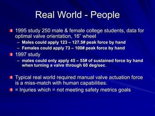 Real World - People
1995 study 250 male & female college students, data for
optimal valve orientation, 16” wheel
– Males could apply 123 – 127.5# peak force by hand
– Females could apply 73 – 100# peak force by hand
1997 study
– males could only apply 45 – 55# of sustained force by hand
  when turning a valve through 60 deg/sec.

Typical real world required manual valve actuation force
is a miss-match with human capabilities.
= Injuries which = not meeting safety metrics goals
 