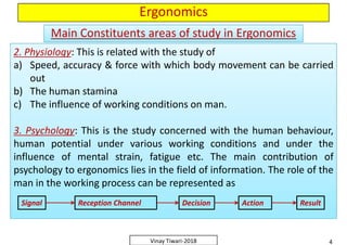 Ergonomics
Main Constituents areas of study in ErgonomicsMain Constituents areas of study in Ergonomics
2. Physiology: This is related with the study of
a) Speed, accuracy & force with which body movement can be carried
out
b) The human stamina
c) The influence of working conditions on man.
3. Psychology: This is the study concerned with the human behaviour,
human potential under various working conditions and under the
influence of mental strain, fatigue etc. The main contribution of
psychology to ergonomics lies in the field of information. The role of the
man in the working process can be represented as
2. Physiology: This is related with the study of
a) Speed, accuracy & force with which body movement can be carried
out
b) The human stamina
c) The influence of working conditions on man.
3. Psychology: This is the study concerned with the human behaviour,
human potential under various working conditions and under the
influence of mental strain, fatigue etc. The main contribution of
psychology to ergonomics lies in the field of information. The role of the
man in the working process can be represented as
2. Physiology: This is related with the study of
a) Speed, accuracy & force with which body movement can be carried
out
b) The human stamina
c) The influence of working conditions on man.
3. Psychology: This is the study concerned with the human behaviour,
human potential under various working conditions and under the
influence of mental strain, fatigue etc. The main contribution of
psychology to ergonomics lies in the field of information. The role of the
man in the working process can be represented as
2. Physiology: This is related with the study of
a) Speed, accuracy & force with which body movement can be carried
out
b) The human stamina
c) The influence of working conditions on man.
3. Psychology: This is the study concerned with the human behaviour,
human potential under various working conditions and under the
influence of mental strain, fatigue etc. The main contribution of
psychology to ergonomics lies in the field of information. The role of the
man in the working process can be represented as
4Vinay Tiwari-2018
2. Physiology: This is related with the study of
a) Speed, accuracy & force with which body movement can be carried
out
b) The human stamina
c) The influence of working conditions on man.
3. Psychology: This is the study concerned with the human behaviour,
human potential under various working conditions and under the
influence of mental strain, fatigue etc. The main contribution of
psychology to ergonomics lies in the field of information. The role of the
man in the working process can be represented as
2. Physiology: This is related with the study of
a) Speed, accuracy & force with which body movement can be carried
out
b) The human stamina
c) The influence of working conditions on man.
3. Psychology: This is the study concerned with the human behaviour,
human potential under various working conditions and under the
influence of mental strain, fatigue etc. The main contribution of
psychology to ergonomics lies in the field of information. The role of the
man in the working process can be represented as
Signal Reception Channel Decision Action Result
 