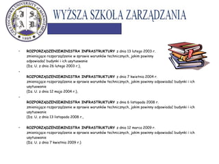 • ROZPORZĄDZENIEMINISTRA INFRASTRUKTURY z dnia 13 lutego 2003 r.
zmieniające rozporządzenie w sprawie warunków technicznych, jakim powinny
odpowiadać budynki i ich usytuowanie
(Dz. U. z dnia 26 lutego 2003 r.),
•
ROZPORZĄDZENIEMINISTRA INFRASTRUKTURY z dnia 7 kwietnia 2004 r.
zmieniające rozporządzenie w sprawie warunków technicznych, jakim powinny odpowiadać budynki i ich
usytuowanie
(Dz. U. z dnia 12 maja 2004 r.),
•
ROZPORZĄDZENIEMINISTRA INFRASTRUKTURY z dnia 6 listopada 2008 r.
zmieniające rozporządzenie w sprawie warunków technicznych, jakim powinny odpowiadać budynki i ich
usytuowanie
(Dz. U. z dnia 13 listopada 2008 r.,
• ROZPORZĄDZENIEMINISTRA INFRASTRUKTURY z dnia 12 marca 2009 r.
zmieniające rozporządzenie w sprawie warunków technicznych, jakim powinny odpowiadać budynki i ich
usytuowanie
(Dz. U. z dnia 7 kwietnia 2009 r.)
 