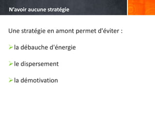 Une stratégie en amont permet d'éviter :
la débauche d'énergie
le dispersement
la démotivation
N’avoir aucune stratégie
 