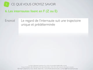 1.   CE QUE VOUS CROYEZ SAVOIR

6. Les internautes lisent en F (Z ou E)

Enoncé        Le regard de l’internaute suit une trajectoire
              unique et prédéterminée




                              La mise à disposition gratuite est un choix, la propriété intellectuelle un droit.
              En cas d’utilisation des informations de cette présentation, merci d’en citer la source de la façon suivante :
         © Fred Colantonio, tous droits réservés | www.fredcolantonio.be | contact@fredcolantonio.be
 