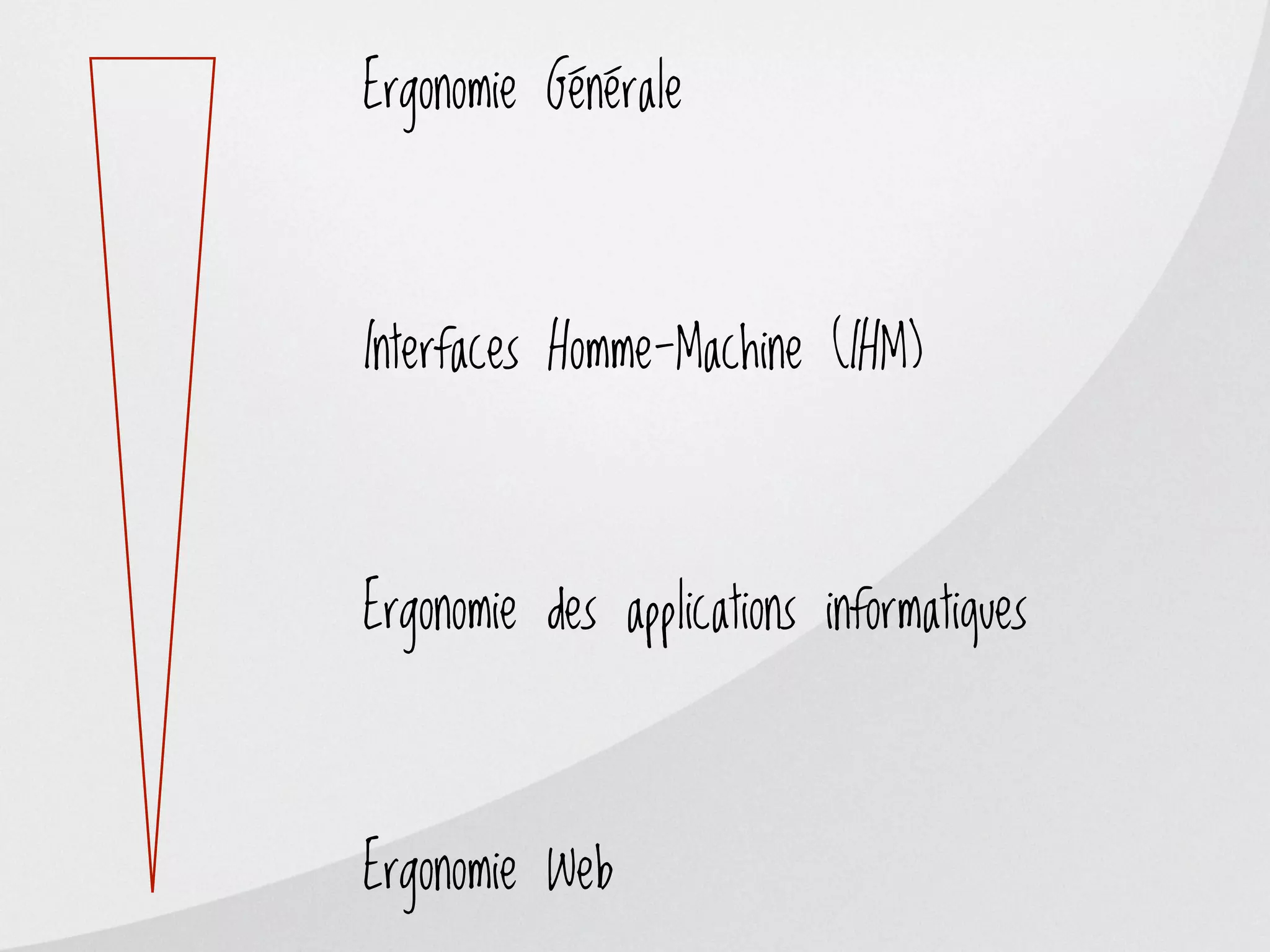 Ergonomie Générale




Interfaces Homme-Machine (IHM)




Ergonomie des applications informatiques




Ergonomie Web
 