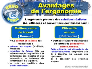 AAvvaannttaaggeess 
ddee ll''eerrggoonnoommiiee 
L'ergonomie propose des solutions réalistes 
(i.e. efficaces et souvent peu coûteuses) pour : 
= Le confort et la santé des 
utilisateurs : 
● prévenir les risques (accidents, 
maladies), 
● minimiser la fatigue (liée au 
métabolisme de l’organisme, à la 
sollicitation des muscles et des 
articulations, au traitement de 
l’information, à la vigilance), 
● de créer les conditions d’un 
travail satisfaisant. 
= L'efficacité pour l'organisation 
en termes de productivité, 
qualité, fiabilité. 
Cette efficacité est dépendante de 
l'efficacité humaine - l'ergonome vise 
1)- à identifier les logiques des 
opérateurs 
2)- à concevoir des systèmes 
adaptés. 
Meilleur cadre 
de travail 
[ Homme ] 
Efficacité 
accrue 
[ Entreprise ] 
Source : www.travaillersante.fr 
 